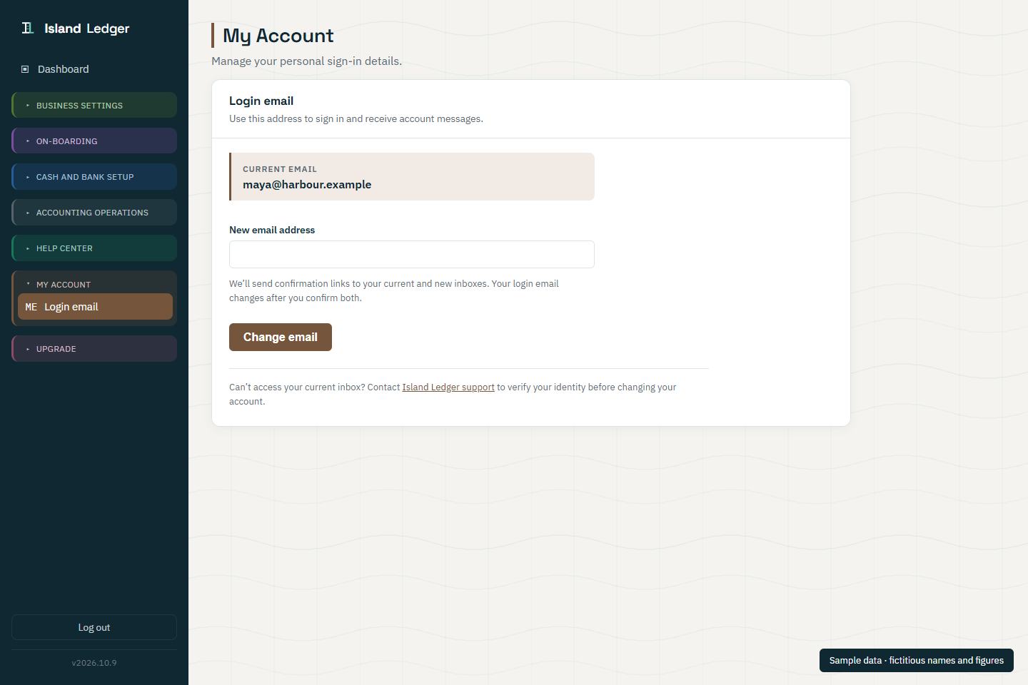 My Account showing a fictitious login email and change-email form