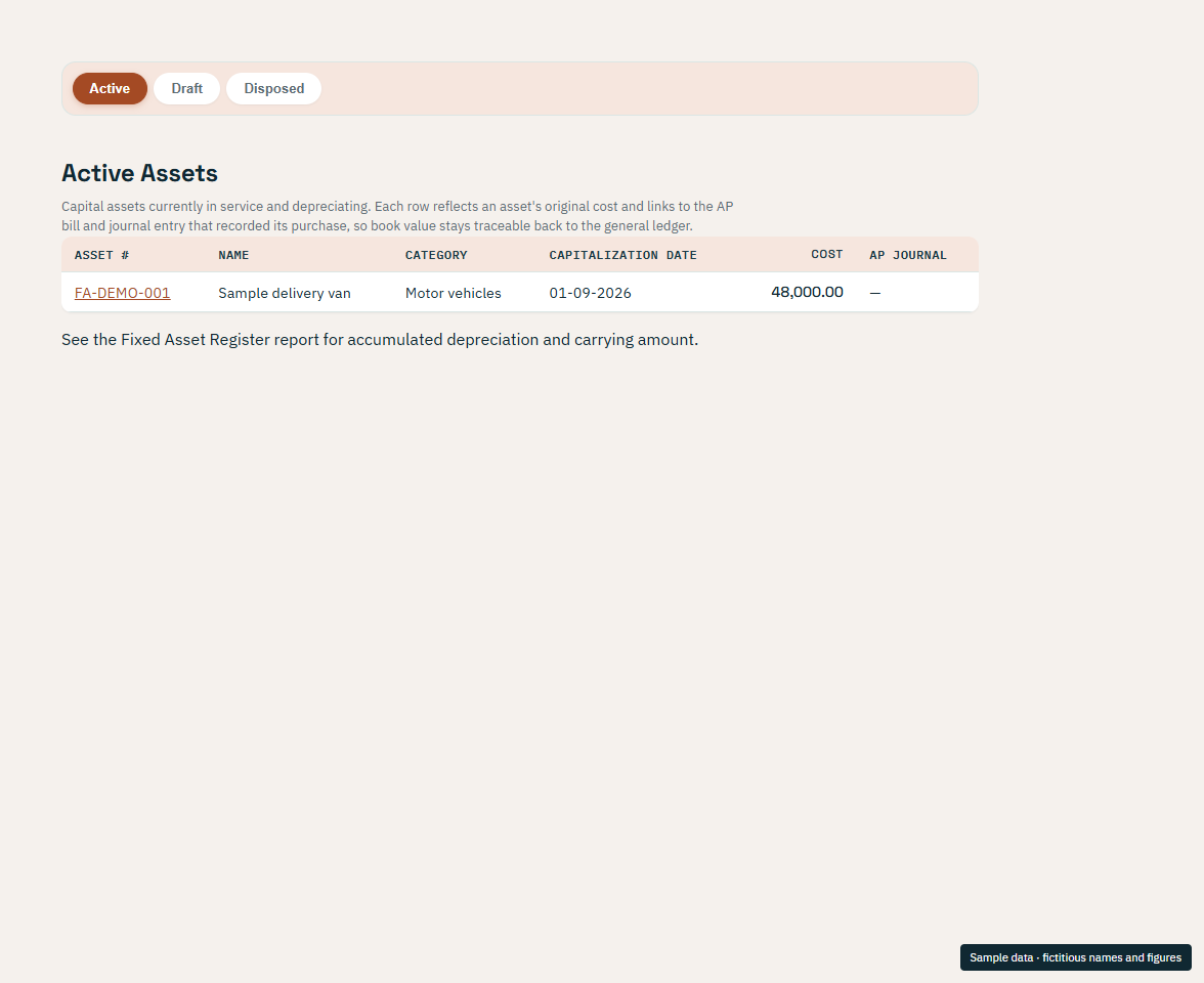 Active Assets in the current Island Ledger app, showing fictitious sample data