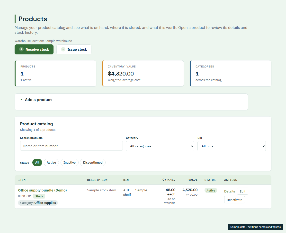 Products in the current Island Ledger app, showing fictitious sample data