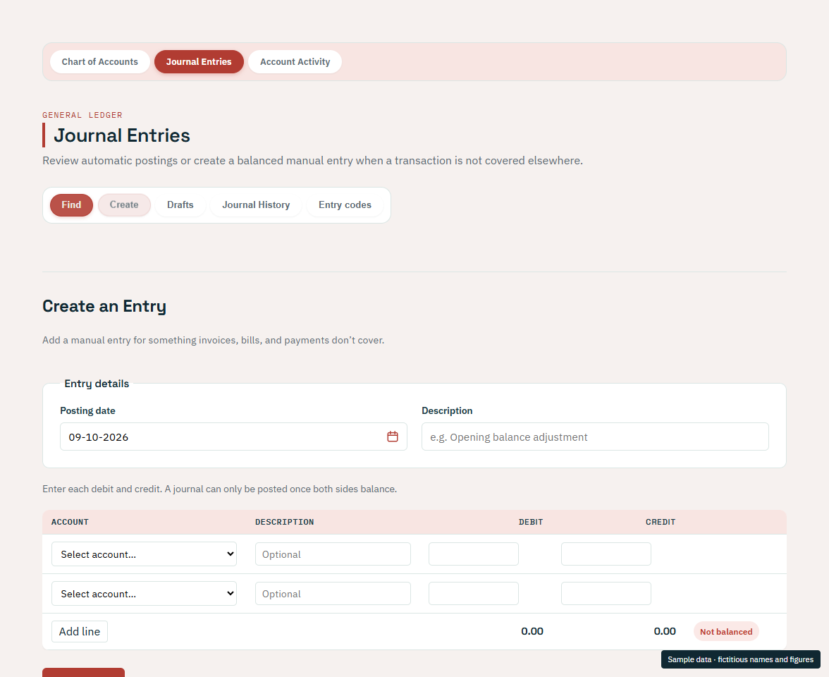 Journal Entries in the current Island Ledger app, showing fictitious sample data