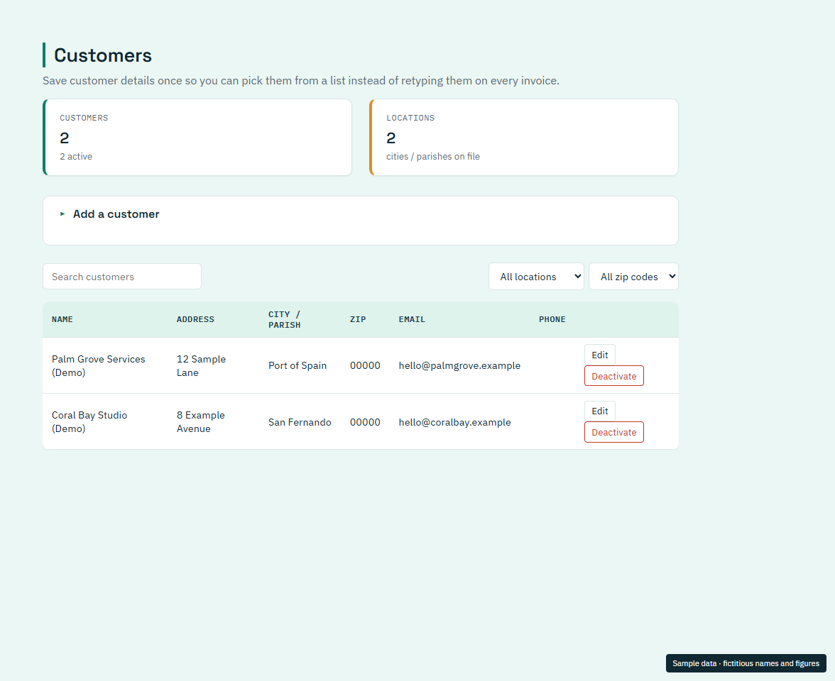 Customers in the current Island Ledger app, showing fictitious sample data