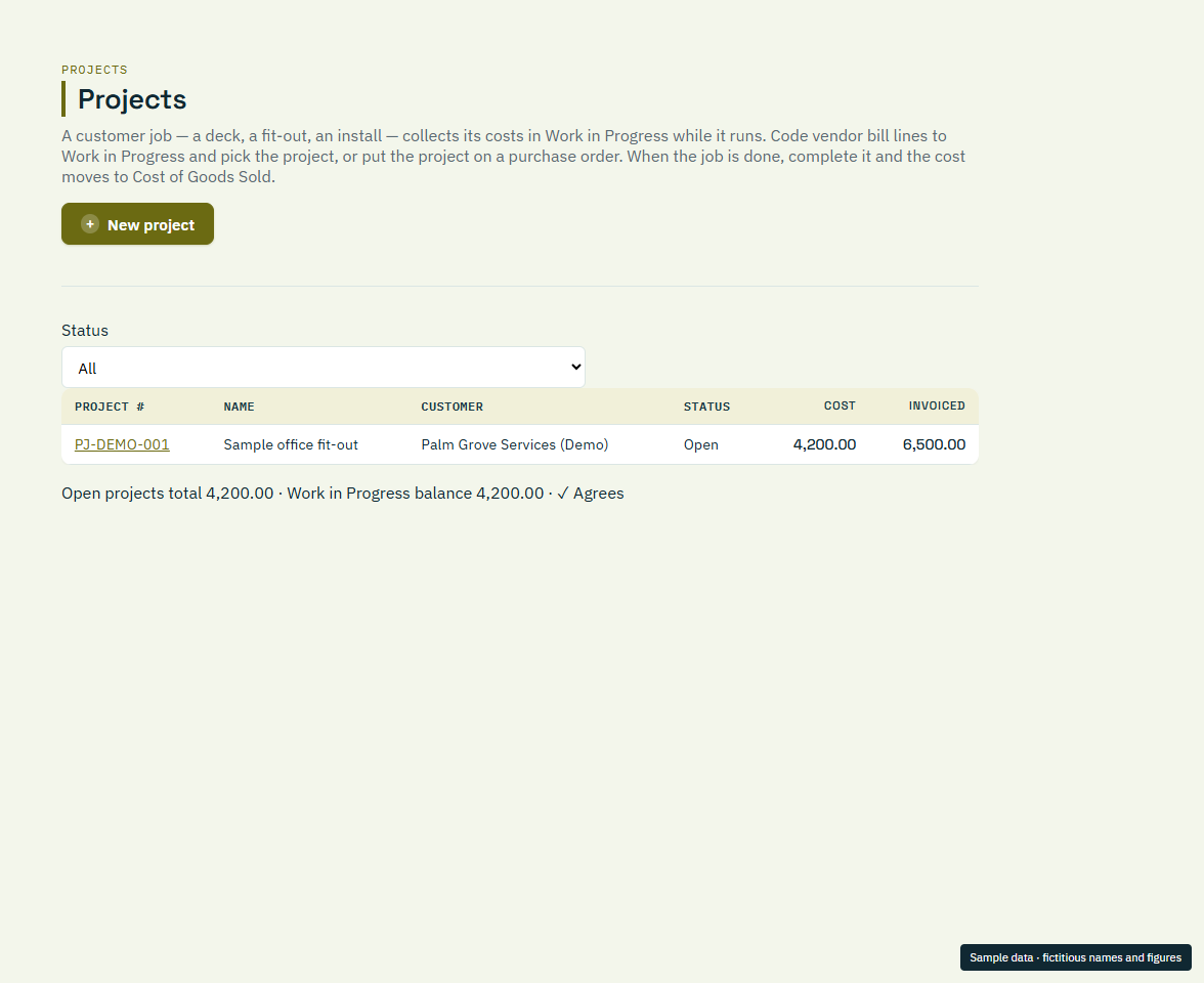 Projects in the current Island Ledger app, showing fictitious sample data