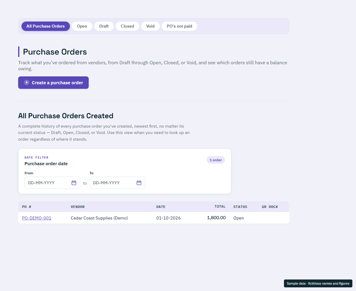 Purchase Orders in the current Island Ledger app, showing fictitious sample data