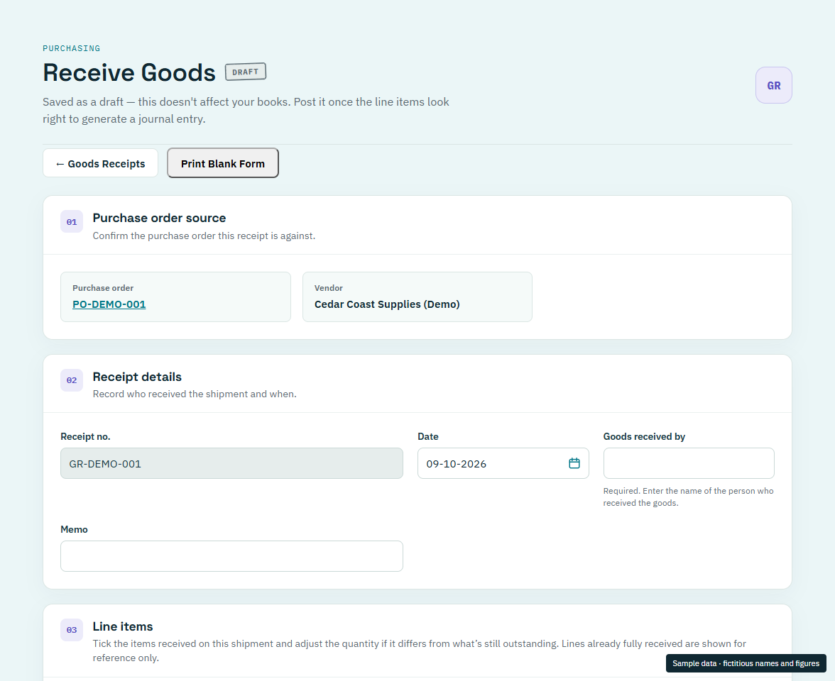 Receive Goods in the current Island Ledger app, showing fictitious sample data