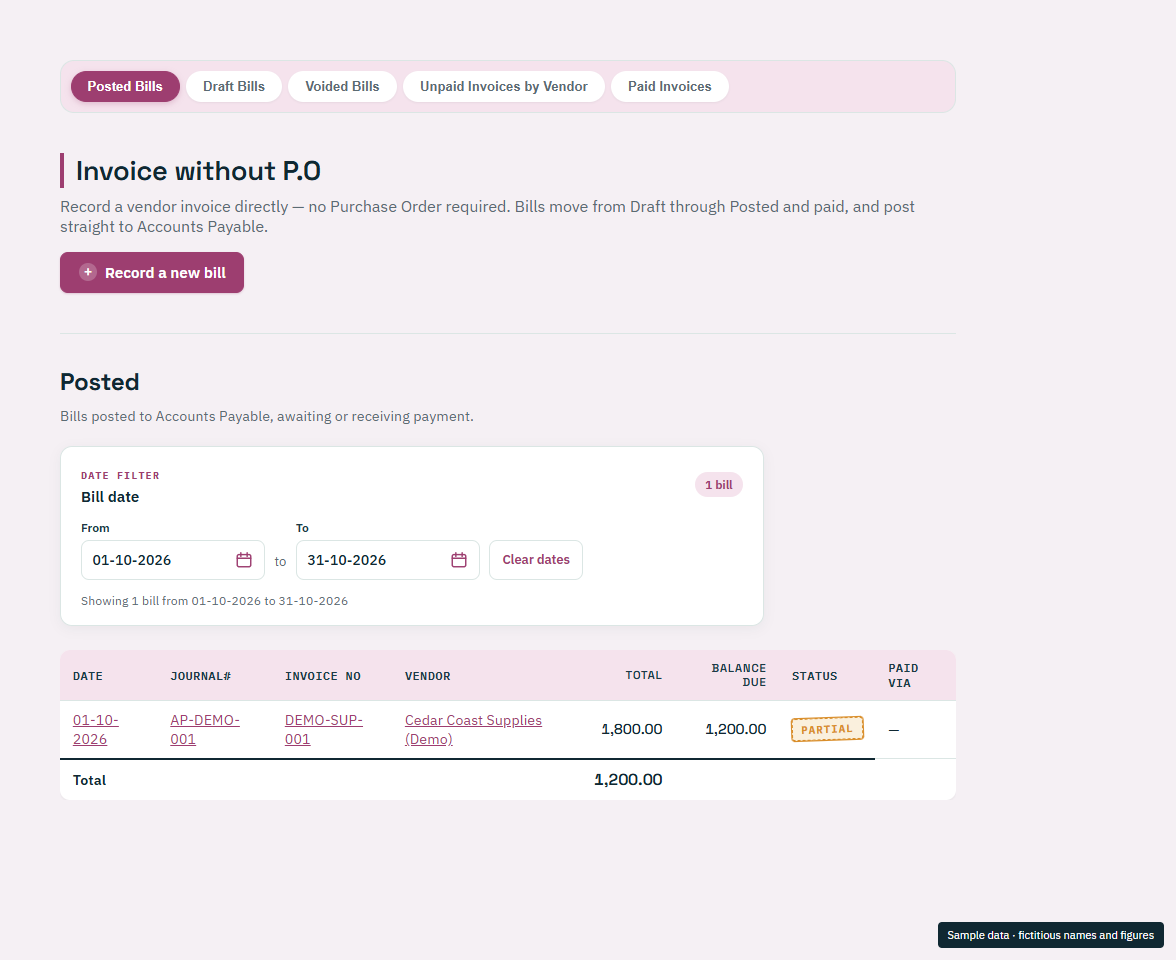 Invoice without P.O. in the current Island Ledger app, showing fictitious sample data
