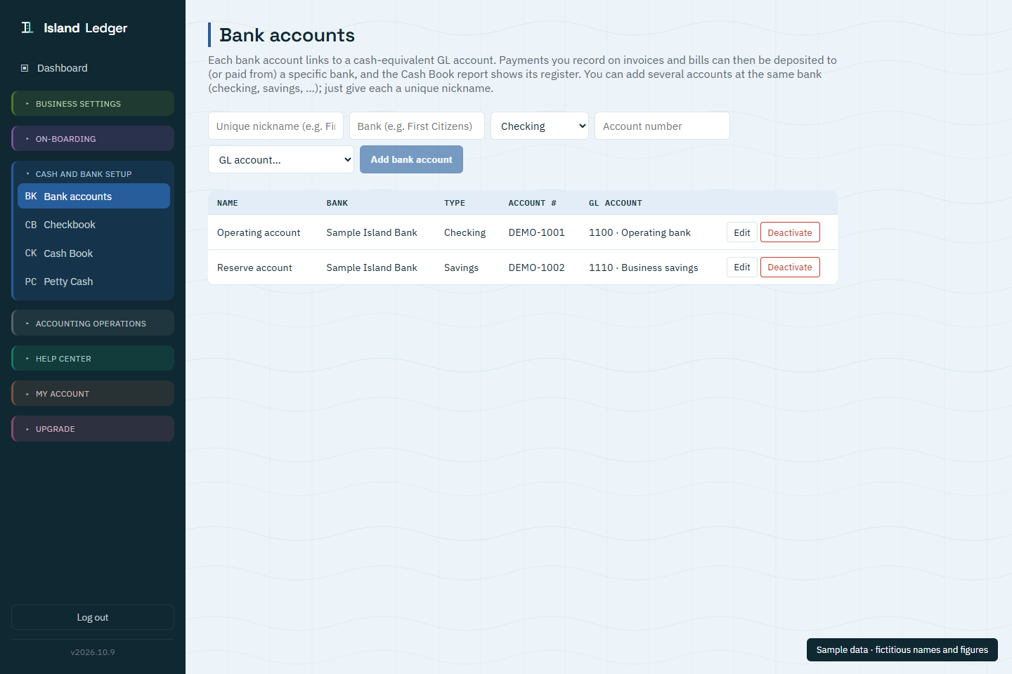 Bank accounts showing fictitious bank names and sample account numbers