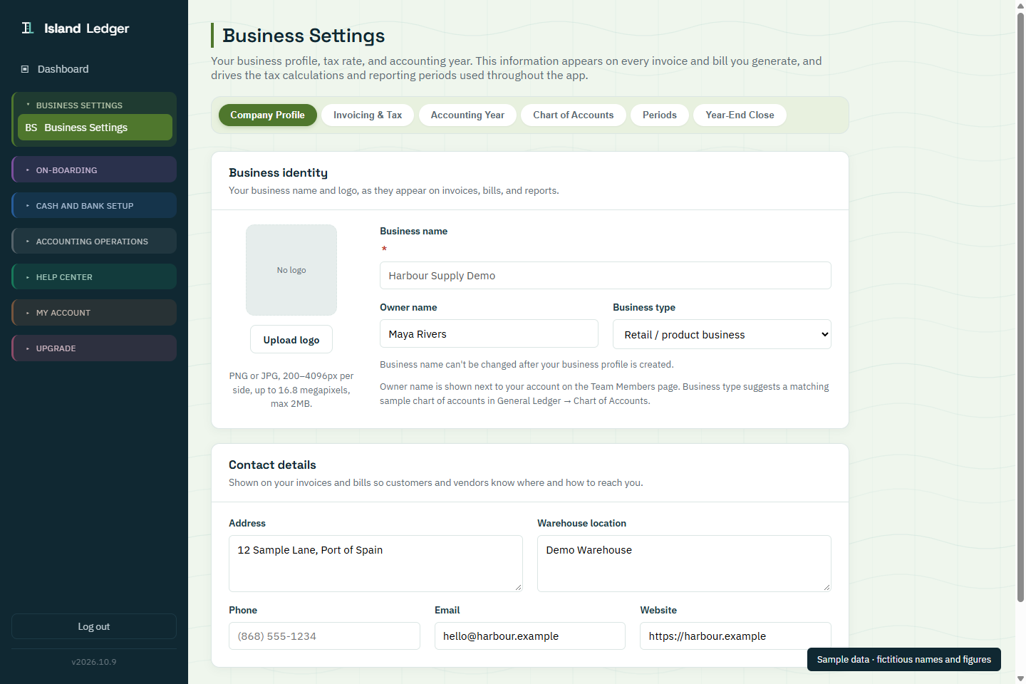 Business Settings showing the fictitious Harbour Supply Demo profile