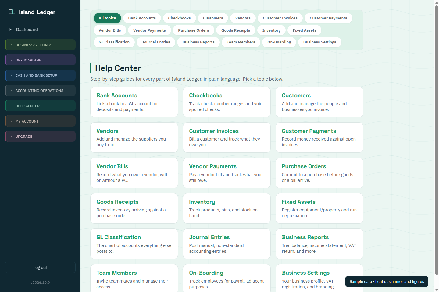 Help Center showing the app’s step-by-step support topics