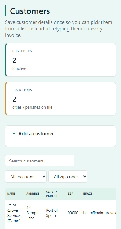 The actual Island Ledger Customers page at iPhone size, with fictitious customer records