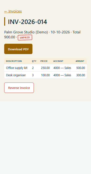 Current Island Ledger invoice page on a phone, showing the Download PDF button for fictitious invoice INV-2026-014