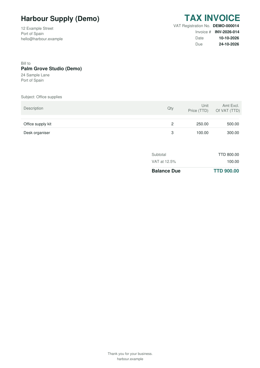 Tax invoice generated by Island Ledger for Harbour Supply Demo and Palm Grove Studio Demo: subtotal TTD 800, VAT 100, total TTD 900