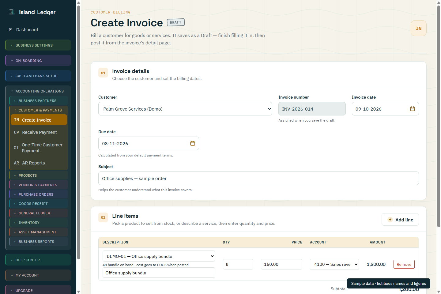 Create Invoice with a fictitious customer and sample line-item figures